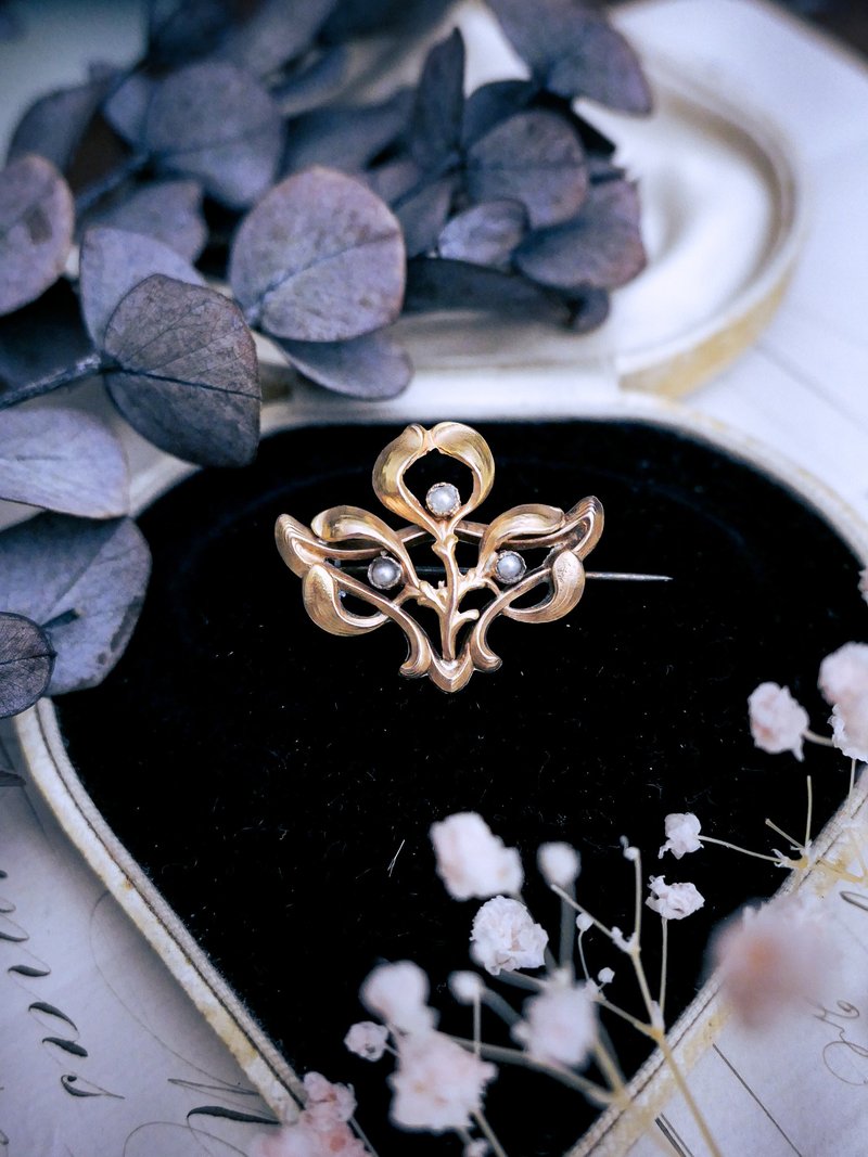 法國 百年玫瑰金槲寄生珍珠胸針—歐洲古董首飾 Vintage Jewelry - 胸針 - 其他金屬 