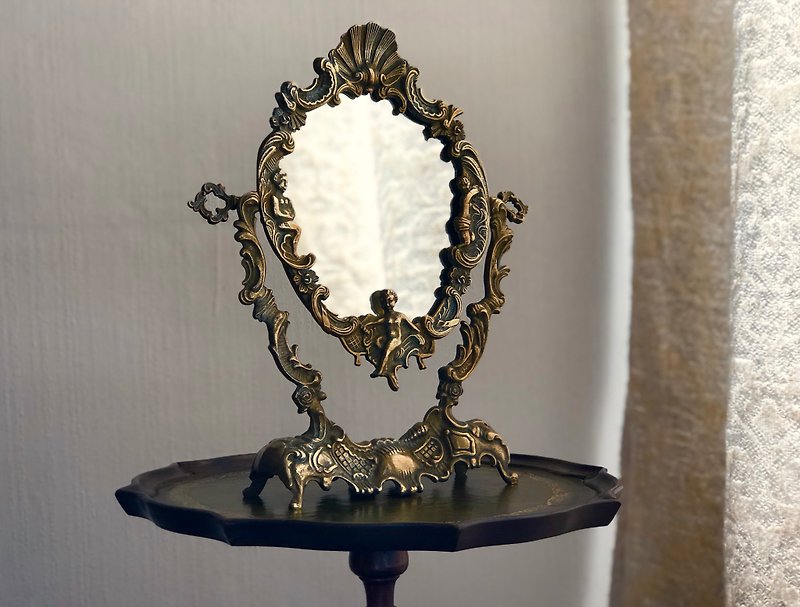 French Ornate Angel Bronze Mirror - Items for Display - Copper & Brass 