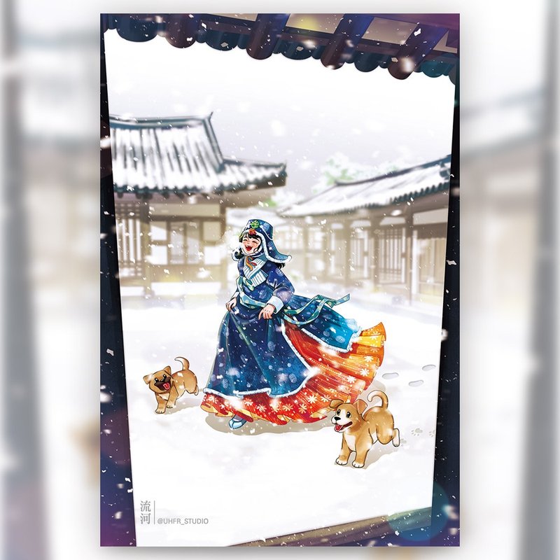 snowy day with you - girl Korean Hanbok illustrated postcard (uha) - 卡片/明信片 - 紙 多色