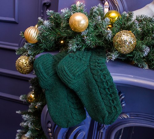 Knittessa Hand knitted socks green color. High-quality handmade.