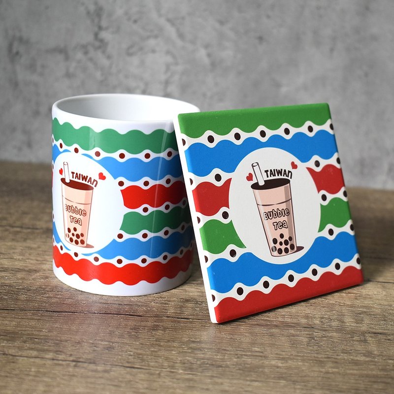 [Tonglu] Qiezhi style mug + coaster set_Pearl milk tea - Mugs - Porcelain Red