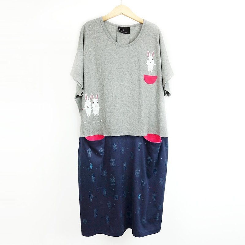 Urb Jumping Bunny/ Pocket Dress - ชุดเดรส - ผ้าฝ้าย/ผ้าลินิน สีเทา