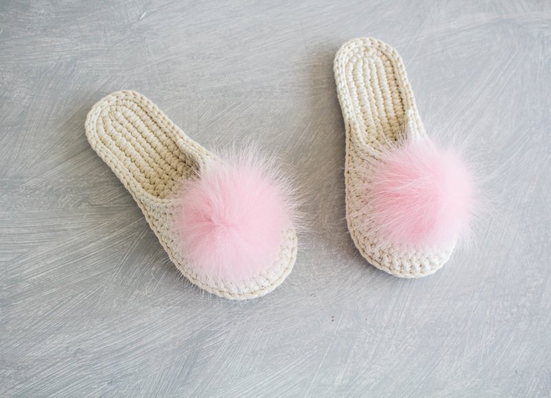 White Cotton slippers - Knitted slippers - House slippers - 拖鞋 - 棉．麻 白色