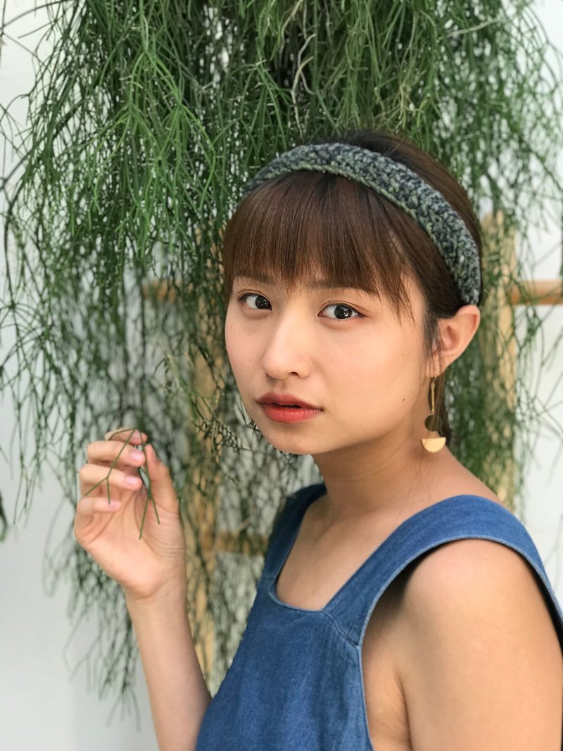 墨綠黑混織百搭款髮帶 - 髮箍/髮帶 - 棉．麻 綠色