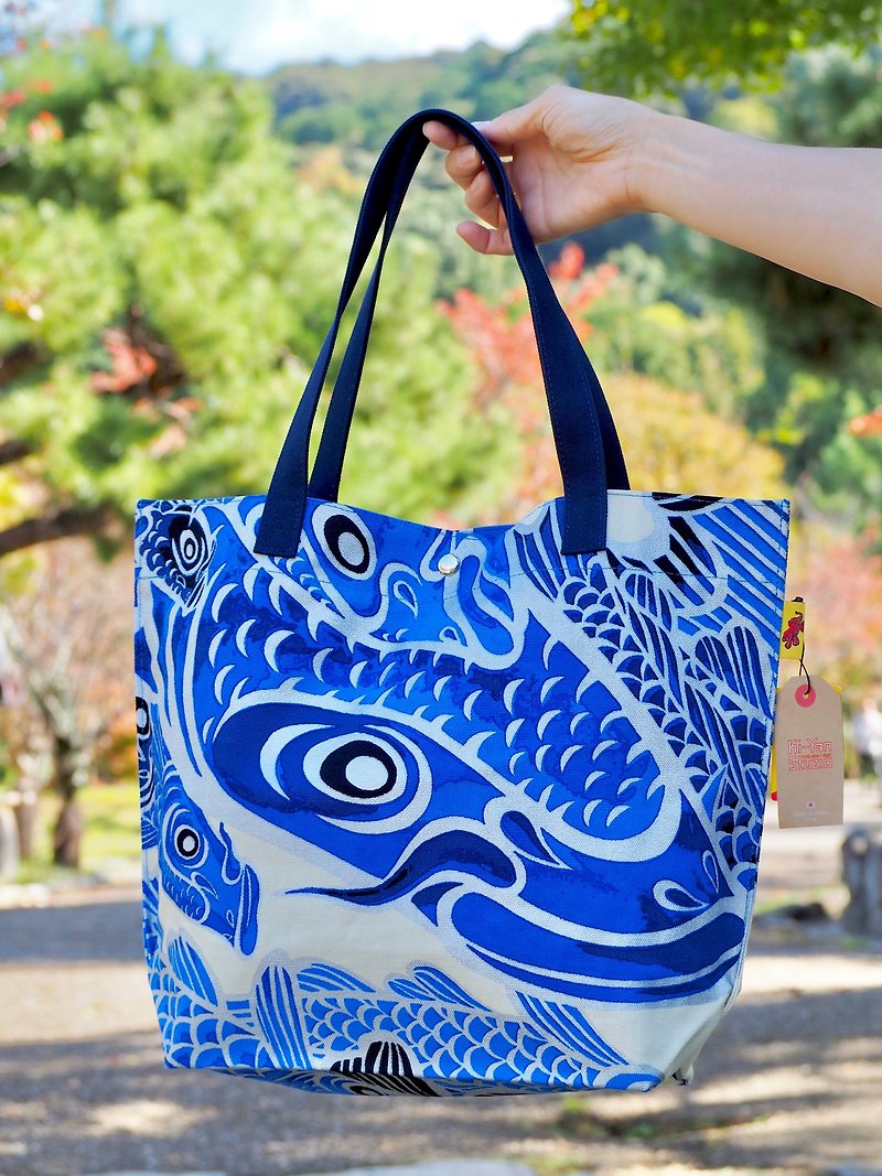 Fabric Tote - Blue Carp - กระเป๋าถือ - ผ้าฝ้าย/ผ้าลินิน สีน้ำเงิน