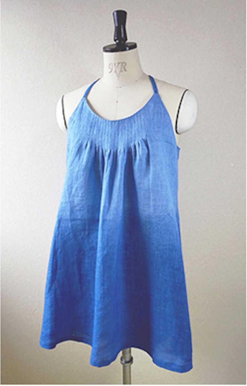 Cute indigo-dyed gradation dress with cute back design - One Piece Dresses - Cotton & Hemp Blue