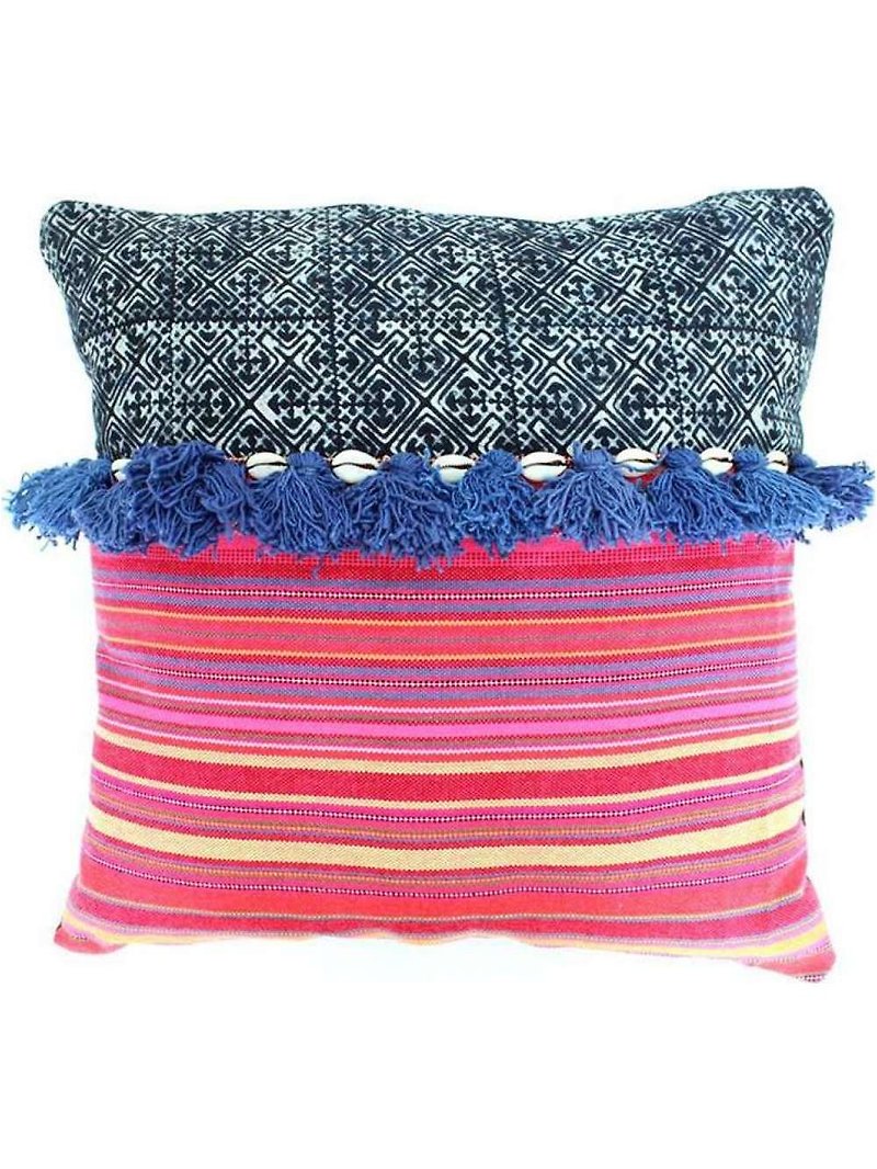公平貿易 泰北 民族風 手織 織布 手作 藍染 貝殼 毛球 抱枕套  - 枕頭/咕𠱸 - 棉．麻 多色