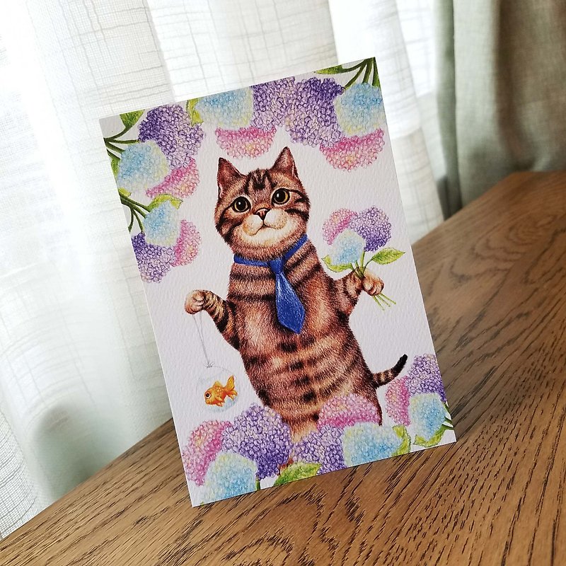 明信片- 領呔小貓和金魚 - 卡片/明信片 - 紙 多色