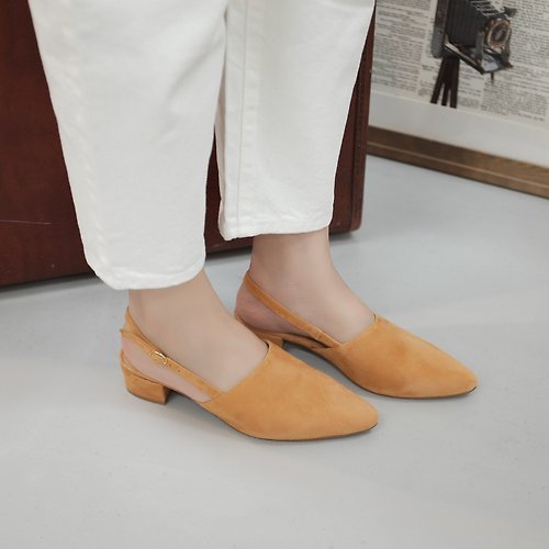 MajorPleasure 女子鞋研究室 柔軟麂皮! 夏日印象派中跟涼鞋 黃 全真皮 MIT -麥穗