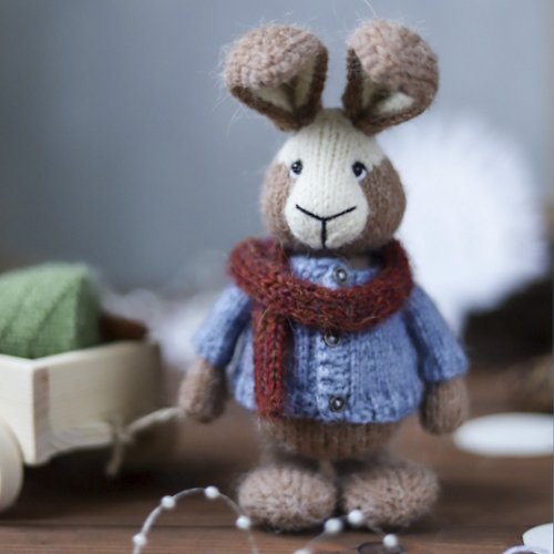 Cute Knit Toy Pattern. Knitted rabbit in a blouse. Knitting pattern in English and Russian