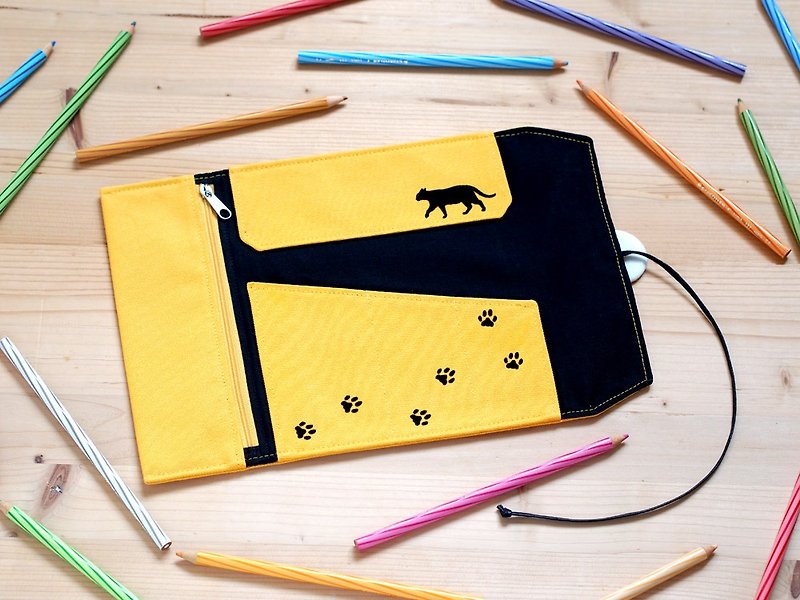 走路貓捲筆袋(黃色) - 鉛筆盒/筆袋 - 棉．麻 黃色