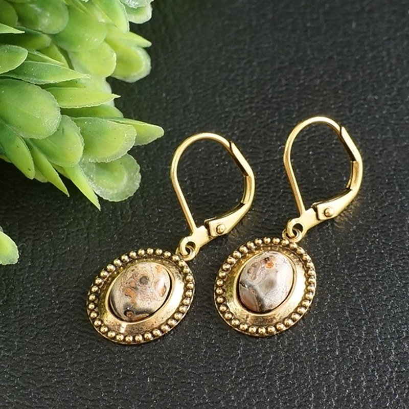 Beige Brown Leopard Skin Jasper Taupe Minimalist Golden Earrings Woman Jewelry - ต่างหู - เครื่องประดับพลอย สีทอง