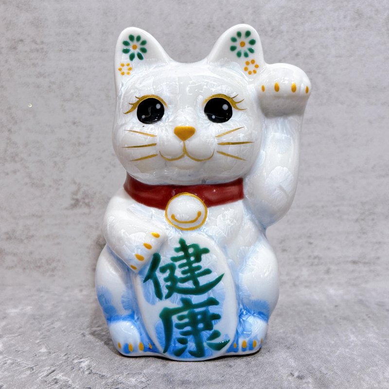 【喵喵健康】日本清水燒招財貓 | 花結晶 青白 健康 左 特小 - 擺飾/家飾品 - 瓷 白色