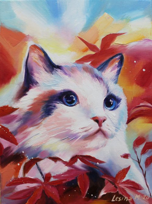 油絵◆画家の描いた絵画作品◆白猫好きな方に♪ 油絵◇画家の描いた絵画作品◇白猫好きな方に♪ 油絵◇画家の描いた