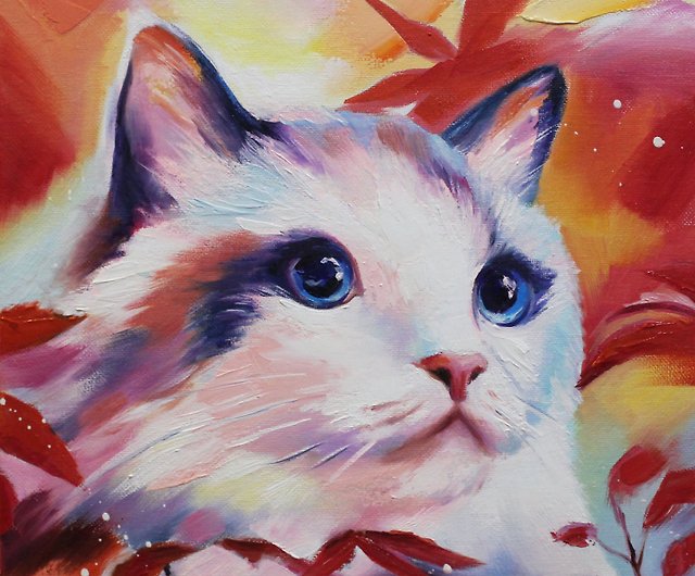 白猫の作品は珍しいと思います油絵◆画家の描いた絵画作品◆白猫好きな方に♪