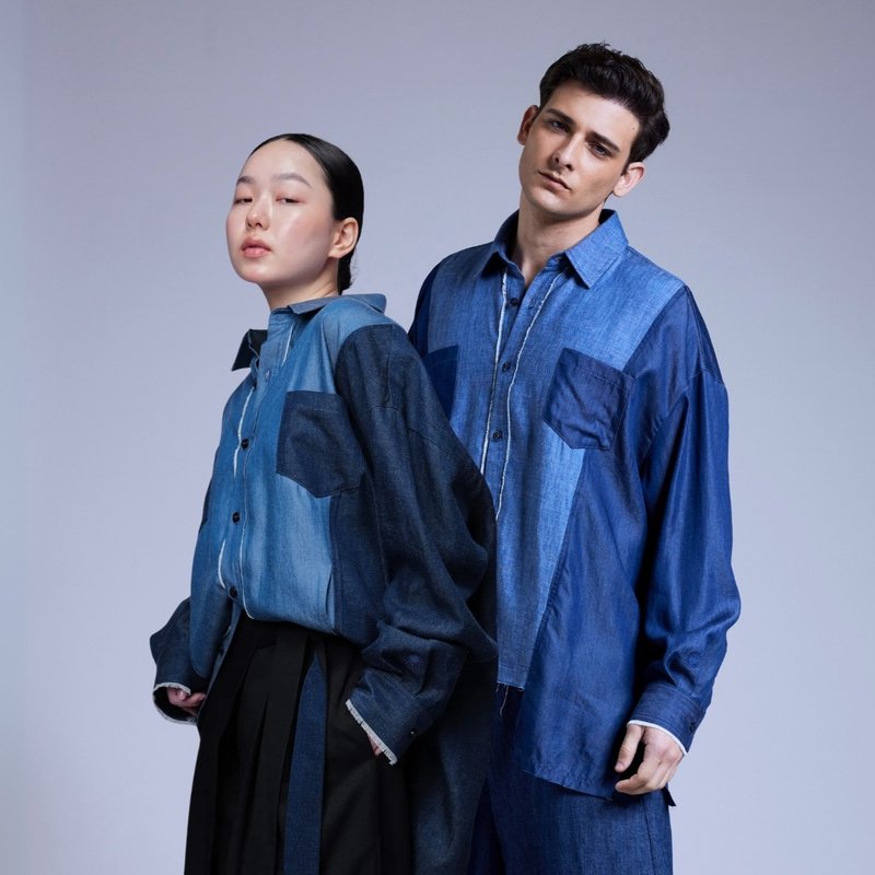 【情人節精選-兩件9999】oversize 雙色拼接設計抽鬚襯衫 - 女襯衫 - 棉．麻 