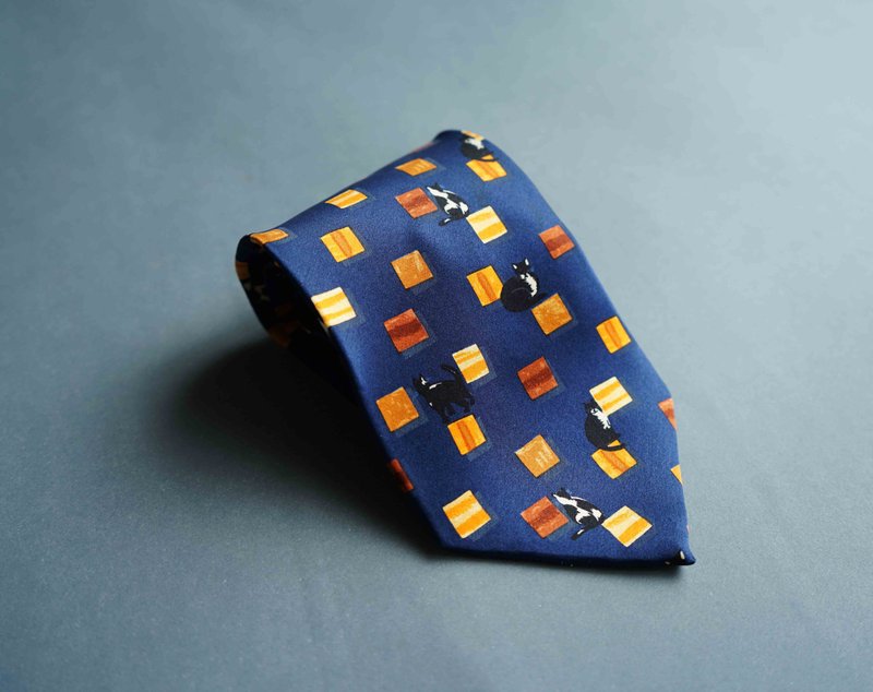 紳士古董絲質領帶-法國品牌UNGARO/深藍/貓奴著用 100%silk - 領帶/領帶夾 - 絲．絹 藍色