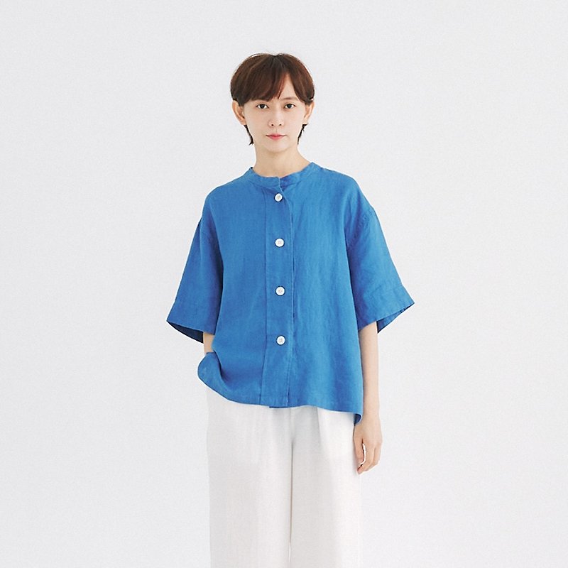 【Simply Yours】Linen short-sleeved shirt.Blue F - Women's Shirts - Cotton & Hemp Blue