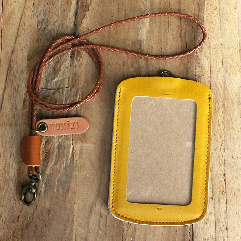 ID case/ Pass case/ Card case - ID 1 -- Yellow + Tan Lanyard (Cow Leather) - ที่ใส่บัตรคล้องคอ - หนังแท้ 