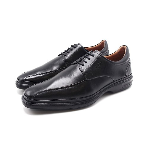 米蘭皮鞋Milano Sollu 巴西專櫃 真皮圓頭雙線輕盈舒適記憶墊綁帶皮鞋-黑