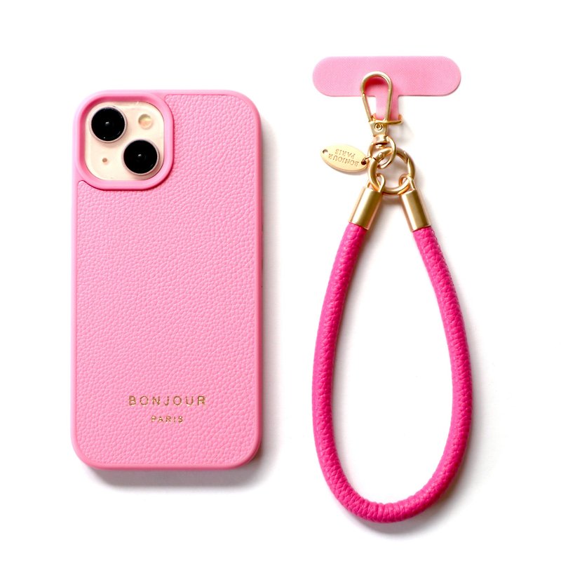 iPhone15/14/13/12 玫瑰果粉小法國皮革手機殼( 附手腕帶 ) - 手機殼/手機套 - 塑膠 粉紅色