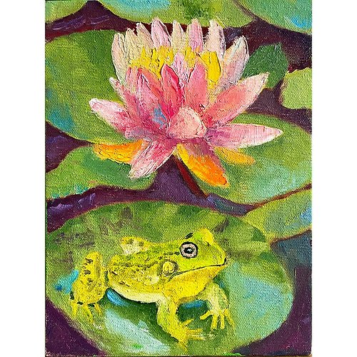 池の蓮のカエルの風景/キャンバス上のオリジナル油絵/家の壁の装飾 