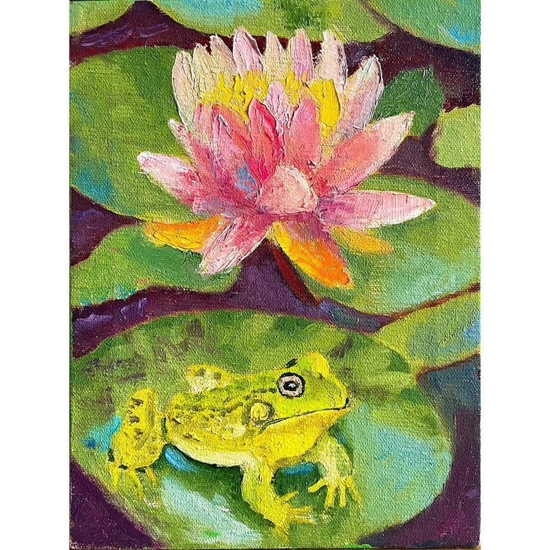 Pond Lotus Frog Scenery/Original Oil Painting on Canvas/House Wall Decoration - โปสเตอร์ - ผ้าฝ้าย/ผ้าลินิน 