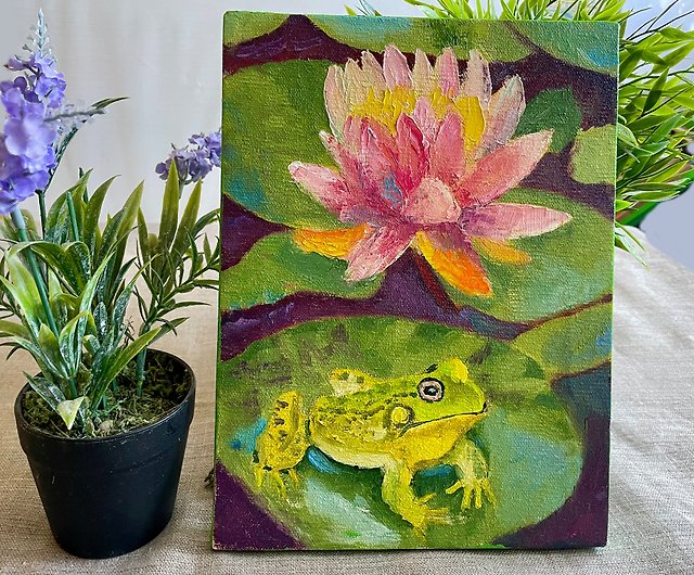 池の蓮のカエルの風景/キャンバス上のオリジナル油絵/家の壁の装飾