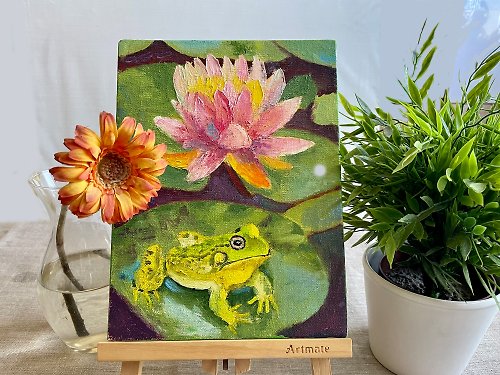 池の蓮のカエルの風景/キャンバス上のオリジナル油絵/家の壁の装飾