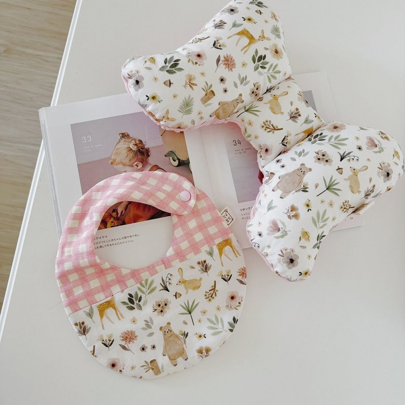 Pink Deer Bear Forest Korean organic cotton two-piece set butterfly pillow bib full month gift box baby gift - Baby Gift Sets - Cotton & Hemp 