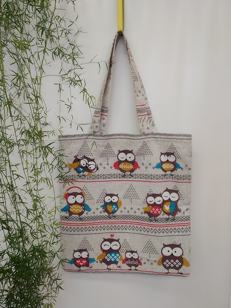 Strong reusable grey tote bag, cotton canvas bag with owls - กระเป๋าถือ - ผ้าฝ้าย/ผ้าลินิน สีเงิน
