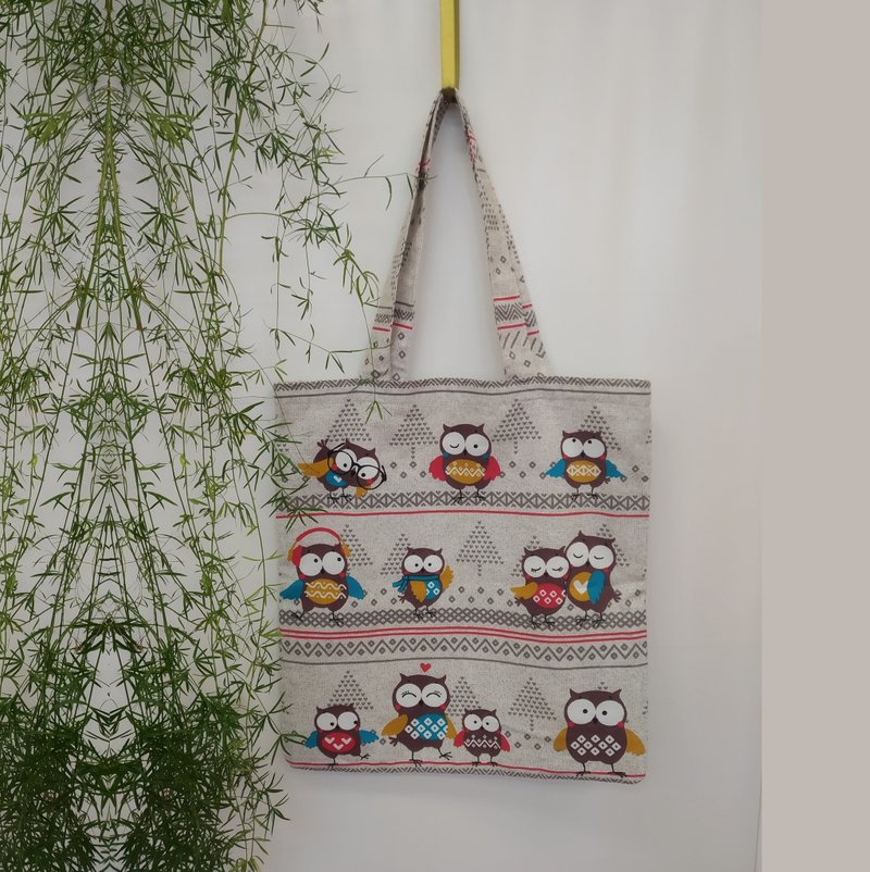 Strong reusable grey tote bag, cotton canvas bag with owls - 手提包/手提袋 - 棉．麻 銀色