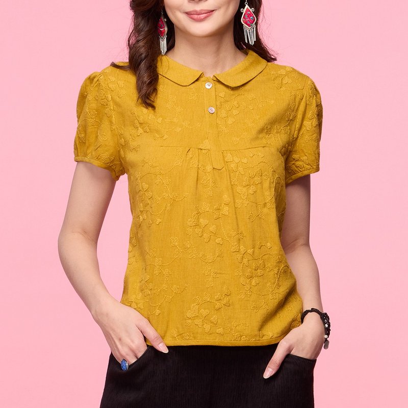 Classic beauty embroidery small round neck top【33009】 - เสื้อผู้หญิง - ผ้าฝ้าย/ผ้าลินิน สีส้ม