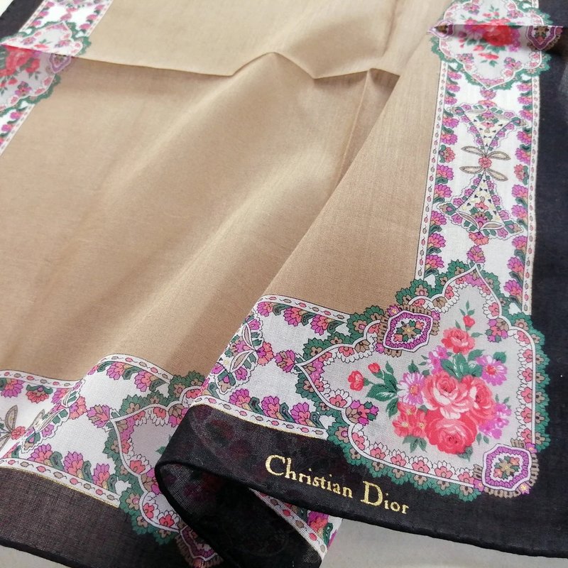 Christian Dior Vintage Handkerchief Floral Brown Gift 19 x 18.5 inches - ผ้าเช็ดหน้า - ผ้าฝ้าย/ผ้าลินิน สีนำ้ตาล