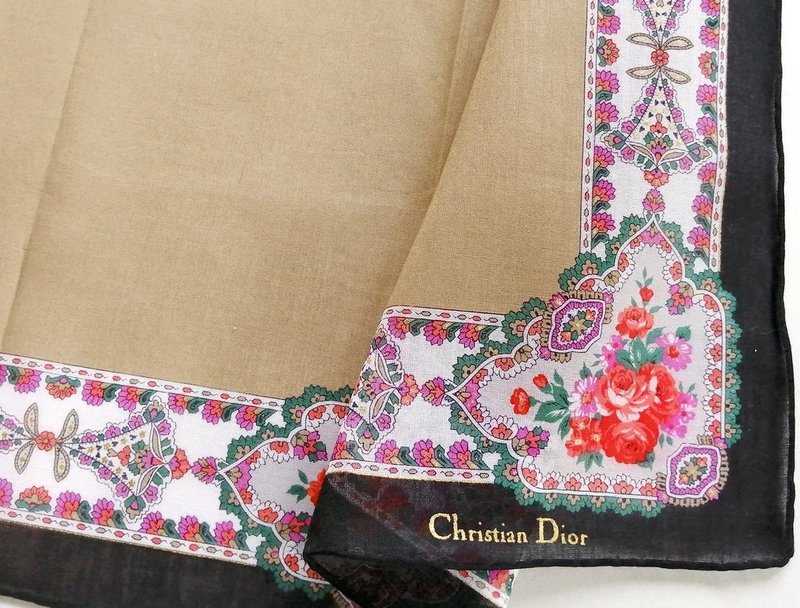 Christian Dior Vintage Handkerchief Floral Brown Gift 19 x 18.5 inches 克里斯汀迪奧 - Handkerchiefs & Pocket Squares - Cotton & Hemp Brown