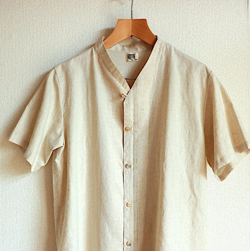 アシンメトリーカラータックシャツ/生成り/麻混綿/半袖/unisex M - 女襯衫 - 棉．麻 白色