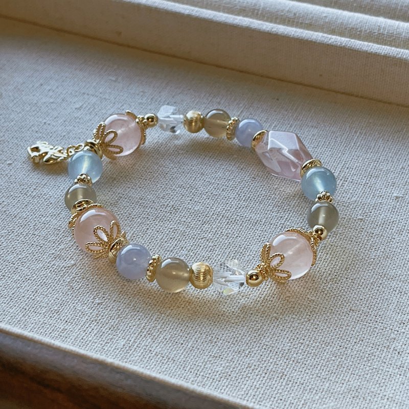 Sweet Dream Fairy Tale | Rose Quartz + Aquamarine // Enhance popularity and soothe emotions // Customized natural crystal hand - Bracelets - Crystal Pink