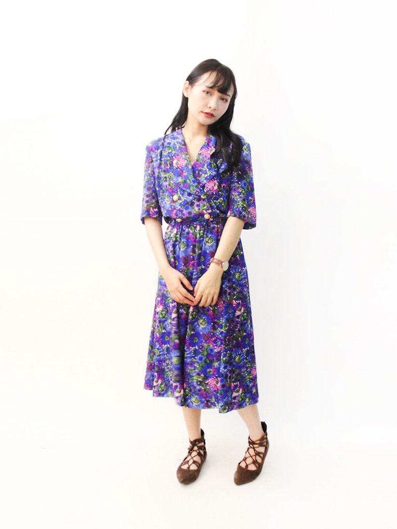 復古日本製大人感紫色花朵碎花短袖古著洋裝 Vintage Dress - 連身裙 - 聚酯纖維 紫色