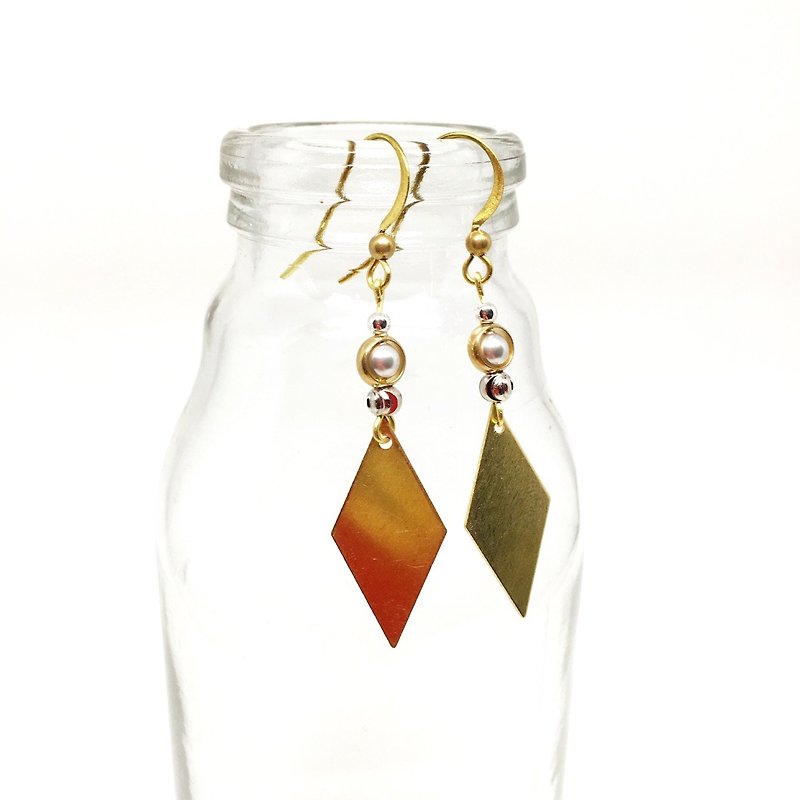 菱形◆可改夾式 Brass Earrings / 一對 / 天然石 復古 黃銅耳環 / 禮物客製設計 - 耳環/耳夾 - 寶石 金色
