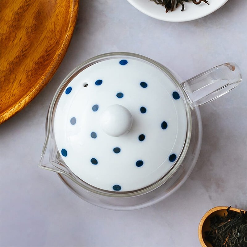 Japanese West Sea Blue Marble Pattern Transparent Glass Teapot-Blue Dot Lid on White Background(indigo japan)-375ml - Teapots & Teacups - Glass 