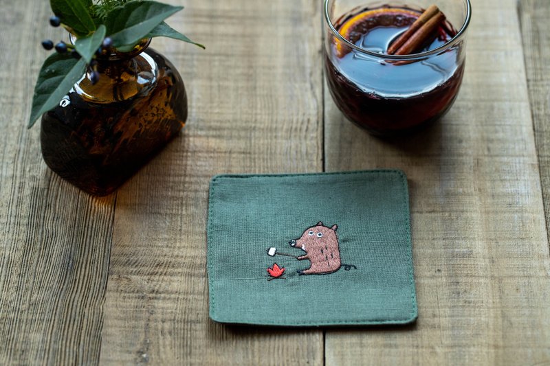 Boar Embroidered Coaster Army Green - Coasters - Cotton & Hemp Green