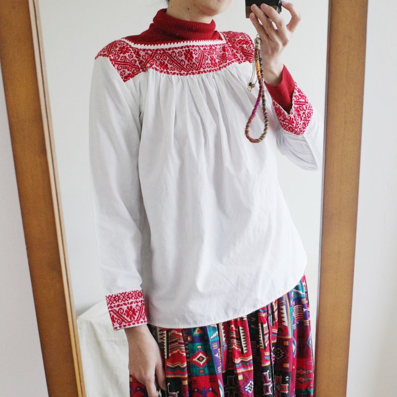 Vintage 墨西哥刺繡長袖上衣 - 女上衣/長袖上衣 - 棉．麻 