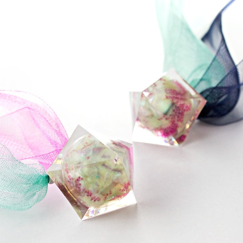 Pentagon Dome Ribbon Earrings (Nozan of Spring) - Earrings & Clip-ons - Other Materials Multicolor