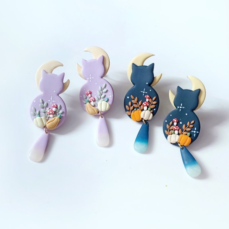 bi kitty//Little cat moon mushroom magic night handmade soft pottery earrings - Earrings & Clip-ons - Clay Multicolor