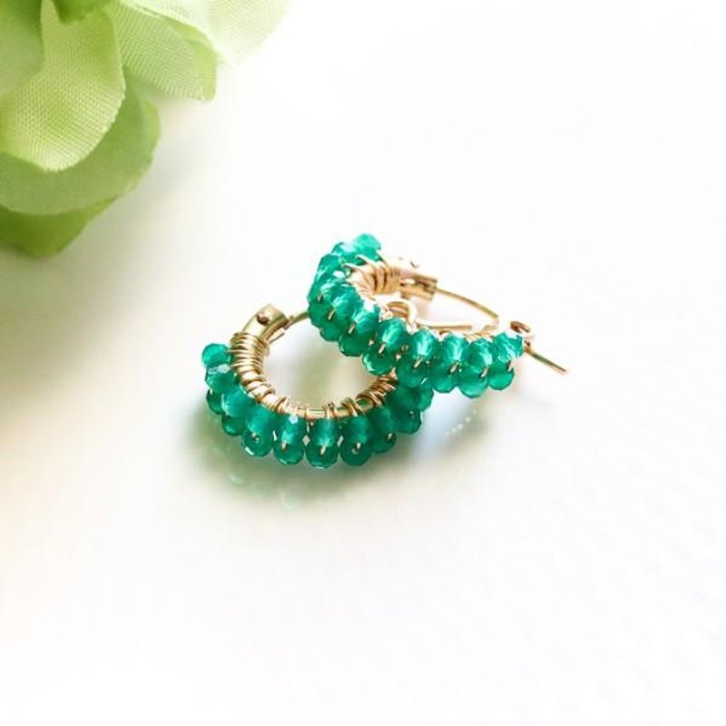 豐富生命的石綠縞瑪瑙雙圈耳针五月生日石 - 耳環/耳夾/耳骨夾 - 寶石 綠色