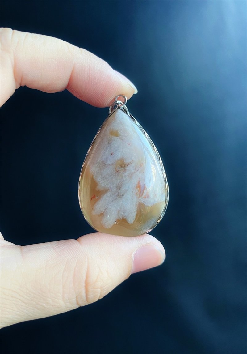 【售出】櫻花瑪瑙 橘黃炸花 油畫風 S925銀鑲 天然石 水晶 禮物 - 項鍊 - 水晶 橘色