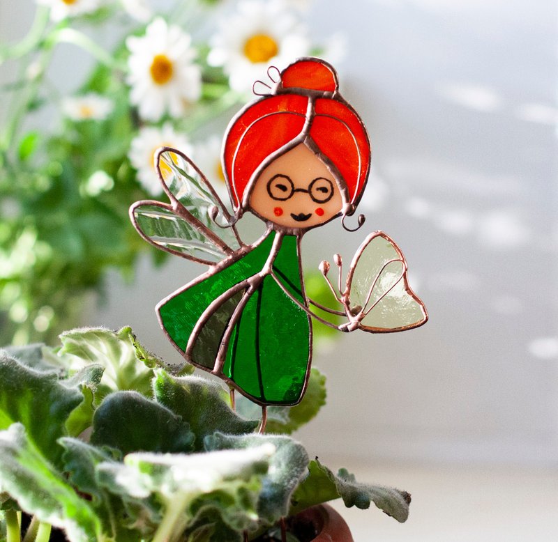 Flower Fairy with Butte. Stained Glass decoration for plants pots. - Plants - Glass Orange