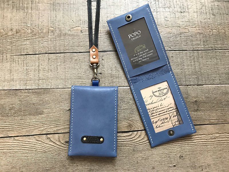 POPO │ Lake blue │ double door certificate collection sets │ cattle leather - ID & Badge Holders - Genuine Leather Blue