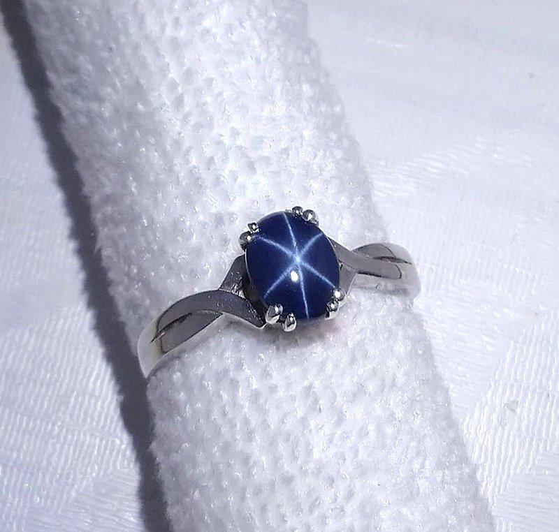 3.28 ct Natural star blue sapphier ring silver sterling size 7.0 free resize - 戒指 - 純銀 藍色