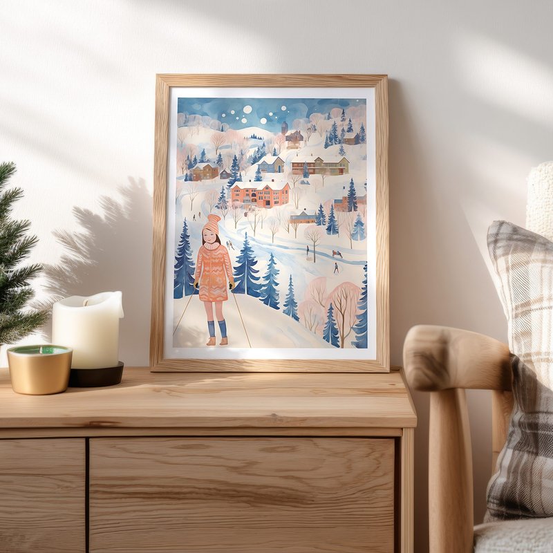 Winter Village Style / Girl Strolling in the Snow Winter Wall Art Poster Frameless Print - Posters - Paper 
